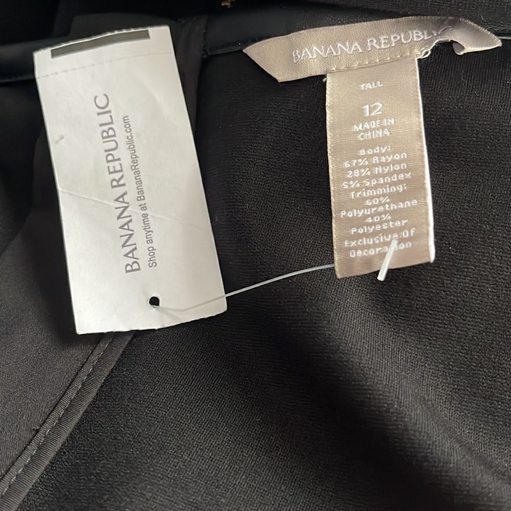 Banana Republic black faux leather V neckline, sleeves, & welted pockets midi. - Picture 7 of 7